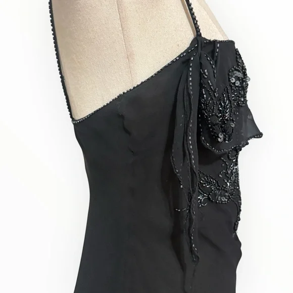CACHE 100% Silk Black Asymmetrical Midi Dress Y2K 90’s 2 Beaded Sleeveless Party - Picture 5 of 8